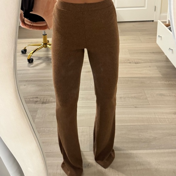 Mango Pants - Mango Brown Ribbed Wide-Leg Knit Pants